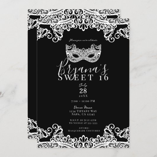 Black & White Lace Masquerade Sweet 16 Party Kaart (Voorkant / Achterkant)