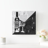 Black & White Lace Wine Bottle Square Clock Vierkante Klok (Huis)