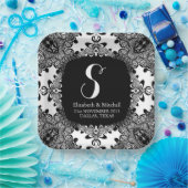 Black White Lacy Tribal Damask Fractal Lace Papieren Bordje (Feest)