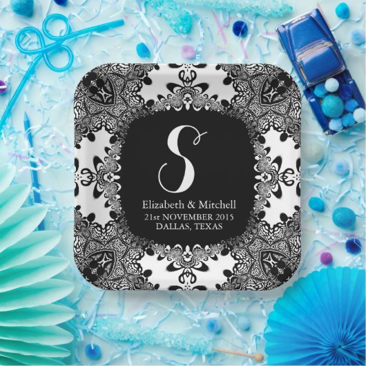 Black White Lacy Tribal Damask Fractal Lace Papieren Bordje (Feest)