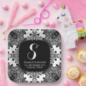 Black White Lacy Tribal Damask Fractal Lace Papieren Bordje (Feest)