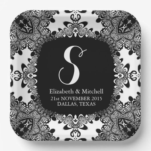 Black White Lacy Tribal Damask Fractal Lace Papieren Bordje (Voorkant)