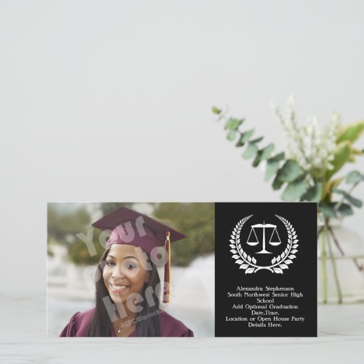 Black/White Laurel Law School Afstuderen Aankondiging (Staand voorkant)