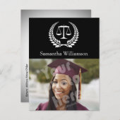 Black/White Laurel Law School Afstuderen Aankondigingskaart (Voorkant / Achterkant)