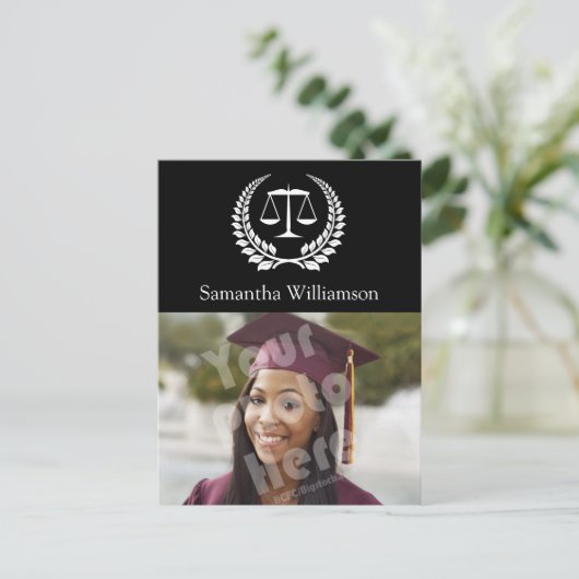 Black/White Laurel Law School Afstuderen Aankondigingskaart (Staand voorkant)