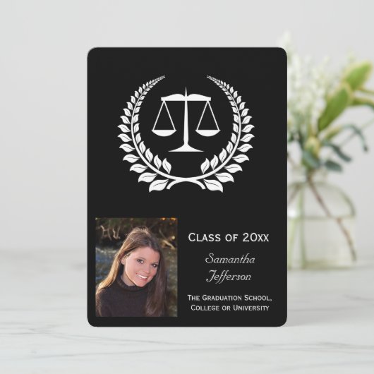 Black/White Laurel Law School Afstuderen Kaart (Staand voorkant)