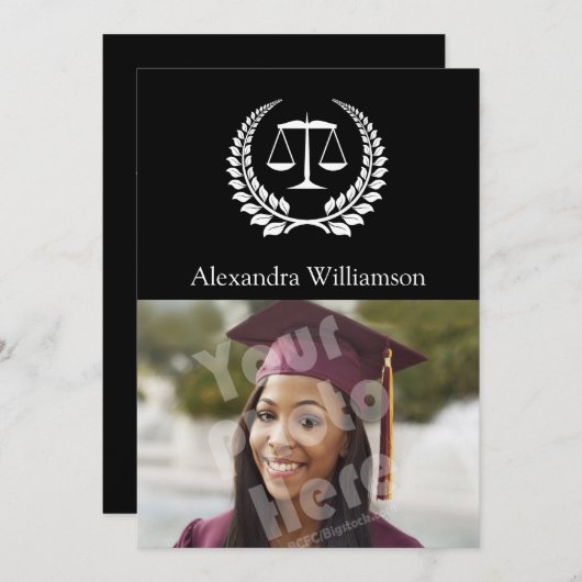 Black/White Laurel Law School Afstuderen Kaart (Voorkant / Achterkant)