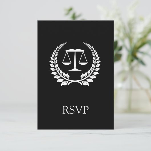 Black/White Laurel Law School Afstuderen RSVP Kaartje (Staand voorkant)