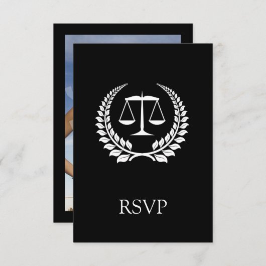 Black/White Laurel Law School Afstuderen RSVP Kaartje (Voorkant / Achterkant)
