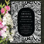 Black White Leaf Floral Bridal Shower Kaart<br><div class="desc">Moderne bladeren- en bloemenpatroon met een stijlvol ovaal dat uw partijinformatie in zwart-wit opstelt.</div>
