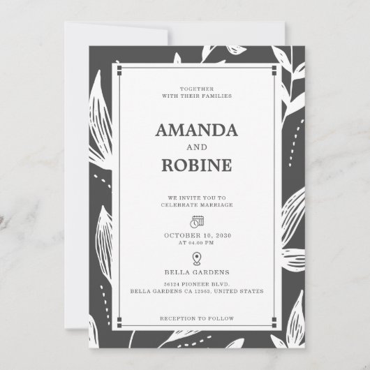 Black & White Leaf Modern Huwelijksuitnodiging Kaart (Voorkant)