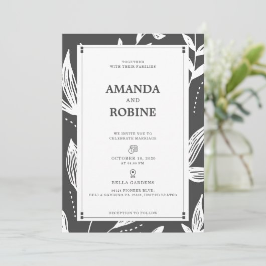 Black & White Leaf Modern Huwelijksuitnodiging Kaart (Staand voorkant)