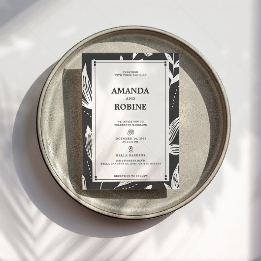 Black & White Leaf Modern Huwelijksuitnodiging Kaart