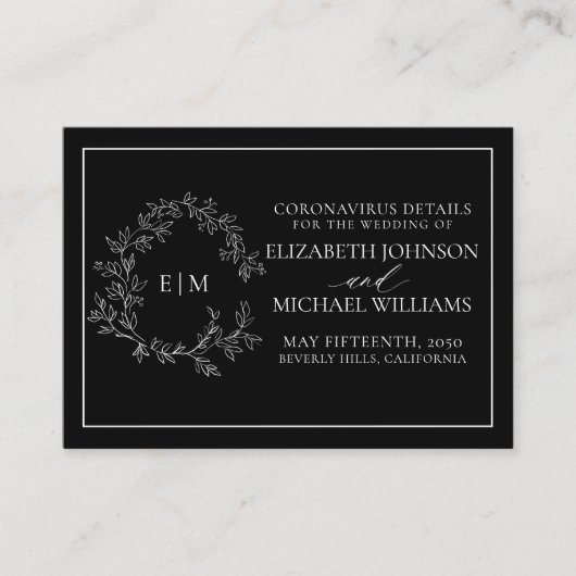 Black White Leafy Crest Monogram Coronavirus Informatiekaartje (Voorkant)