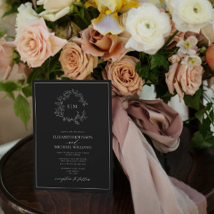 Black White Leafy Crest Monogram Foto Weddenschap Kaart