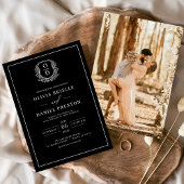 Black White Leafy Crest Monogram Foto Weddenschap Kaart