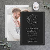 Black White Leafy Crest Monogram Foto Weddenschap Kaart