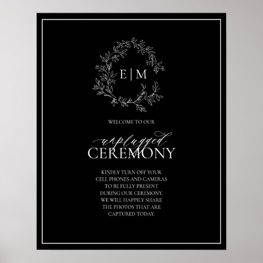 Black White Leafy Crest Monogram Unplugged Wedding Poster (Voorkant)