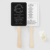 Black White Leafy Crest Monogram Weddenprogramma Handwaaier (Voorkant en achterkant)