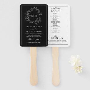 Black White Leafy Crest Monogram Weddenprogramma Handwaaier