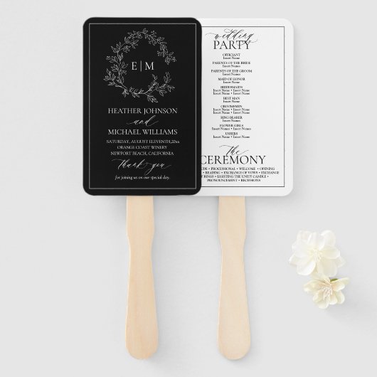 Black White Leafy Crest Monogram Weddenprogramma Handwaaier (Voorkant en achterkant)