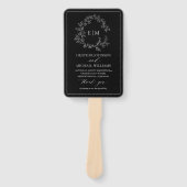 Black White Leafy Crest Monogram Weddenprogramma Handwaaier (Voorkant)