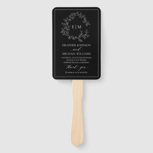 Black White Leafy Crest Monogram Weddenprogramma Handwaaier (Voorkant)