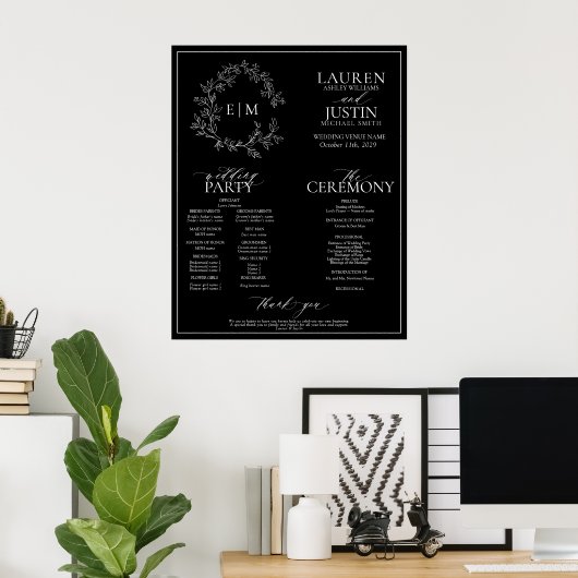 Black White Leafy Crest Monogram Weddenprogramma Poster (Thuiskantoor)