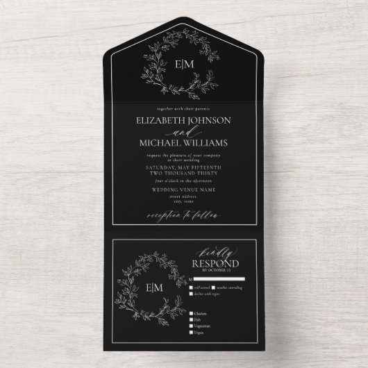 Black White Leafy Crest Monogram Weddenschap All In One Uitnodiging (Binnen)