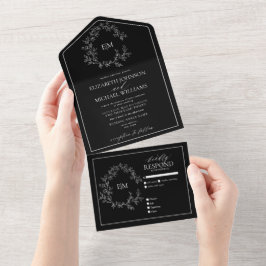 Black White Leafy Crest Monogram Weddenschap All In One Uitnodiging