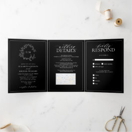 Black White Leafy Crest Monogram Weddenschap Drieluik Uitnodiging