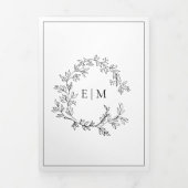 Black White Leafy Crest Monogram Weddenschap Drieluik Uitnodiging (Cover)