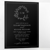 Black White Leafy Crest Monogram Weddenschap Drieluik Uitnodiging (Binnenzijde eerst)