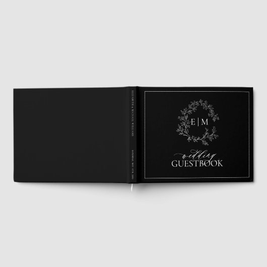 Black White Leafy Crest Monogram Weddenschap Gastenboek (Volledig)