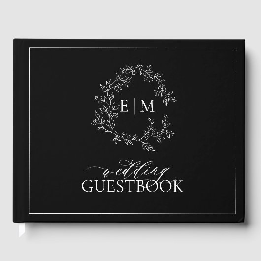 Black White Leafy Crest Monogram Weddenschap Gastenboek (Voorkant)