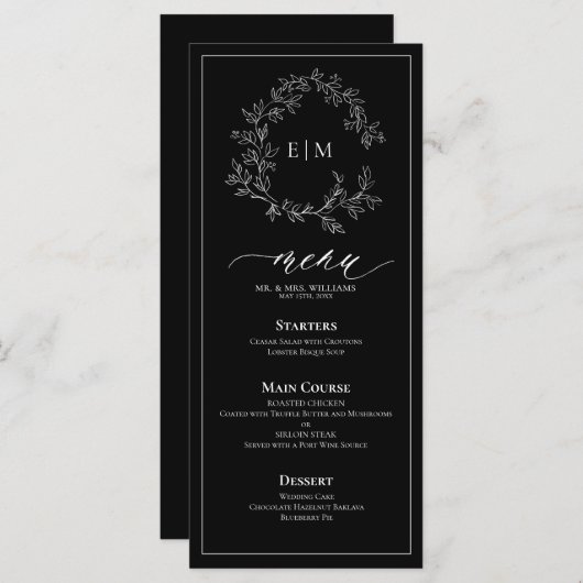 Black White Leafy Crest Monogram Weddenschap Menu (Voorkant / Achterkant)
