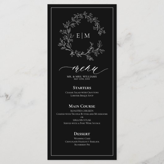 Black White Leafy Crest Monogram Weddenschap Menu (Voorkant)