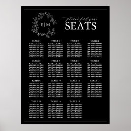 Black White Leafy Crest Monogram Weddenschap Poster