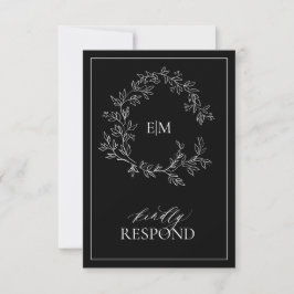 Black White Leafy Crest Monogram Weddenschap RSVP- RSVP Kaartje