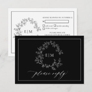 Black White Leafy Crest Monogram Weddenschap RSVP- RSVP Kaartje