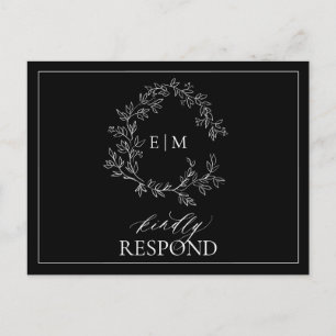 Black White Leafy Crest Monogram Weddenschap RSVP Uitnodiging Briefkaart