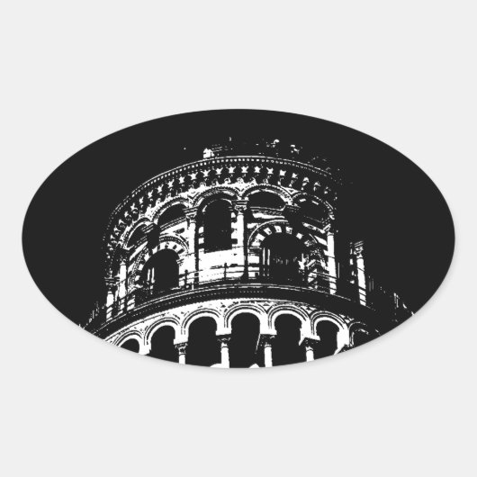 Black White Leaning Tower van Pisa Italië Ovale Sticker (Voorkant)