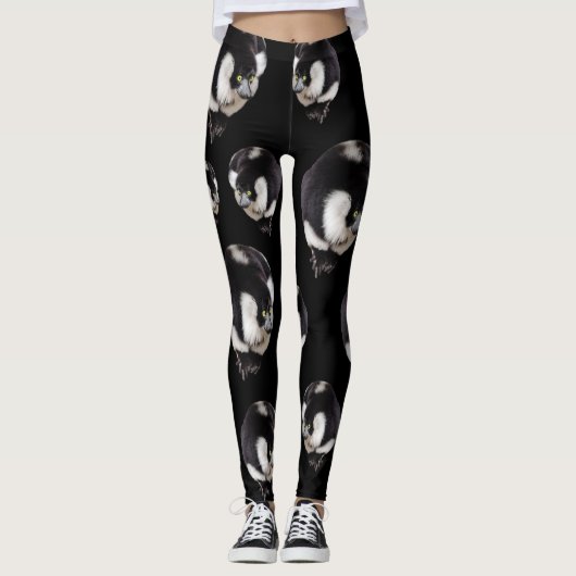 Black White Lemur Pattern Full Print Leggings (Voorkant)