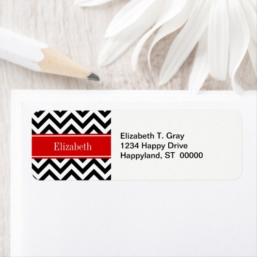 Black White LG Chevron Red Name Monogram Etiket (Insitu)