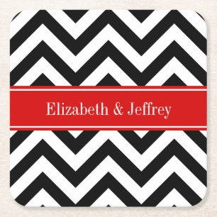 Black White LG Chevron Red Name Monogram Kartonnen Onderzetters