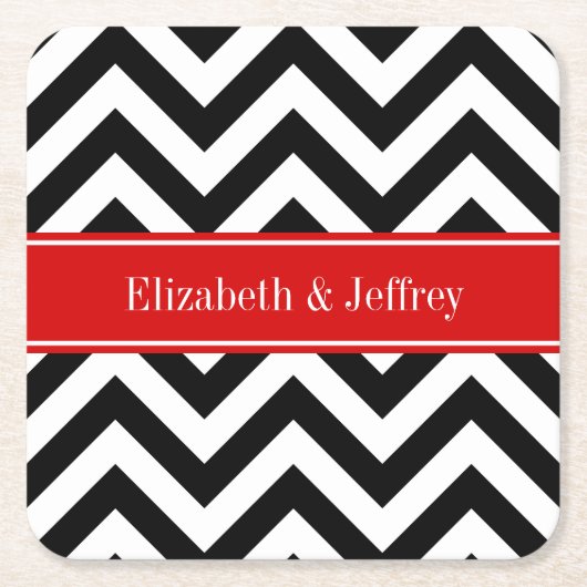 Black White LG Chevron Red Name Monogram Kartonnen Onderzetters (Voorkant)