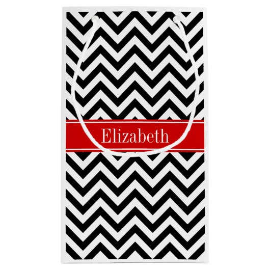 Black White LG Chevron Red Name Monogram Klein Cadeauzakje (Achterkant)