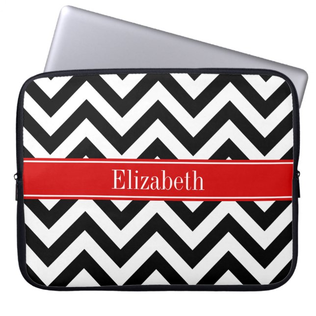 Black White LG Chevron Red Name Monogram Laptop Sleeve (Voorkant)