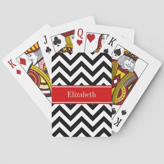 Black White LG Chevron Red Name Monogram Pokerkaarten (Achterkant)