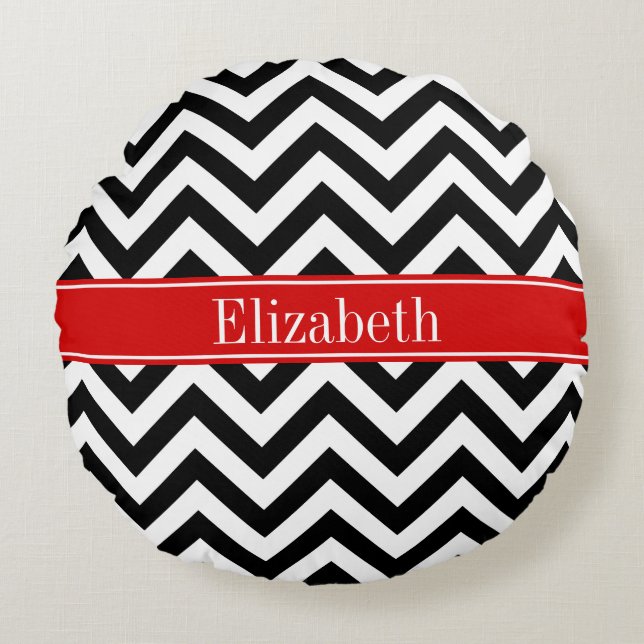 Black White LG Chevron Red Name Monogram Rond Kussen (Voorkant)